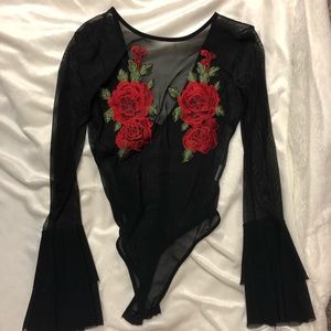 Mesh bodysuit with roses